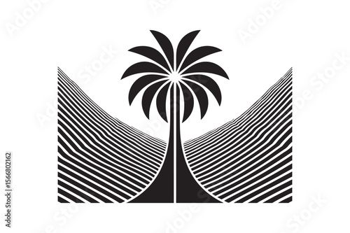 Abstract black and white palm tree with striped landscape