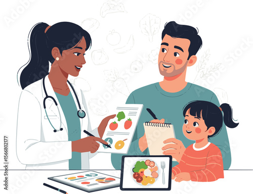 A doctor discusses healthy eating with a father and daughter, reviewing a diet plan.