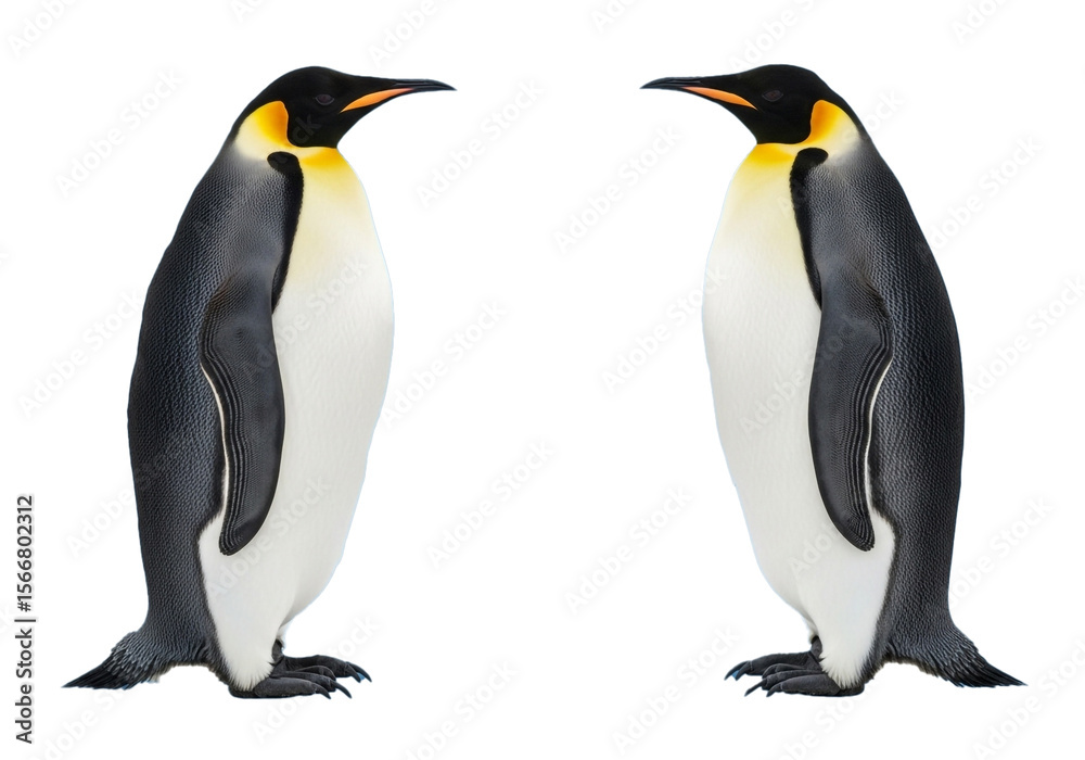 Obraz premium Two emperor penguins, standing side-by-side, facing each other