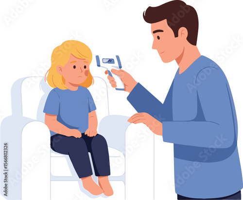 A father taking his daughter's temperature with a digital thermometer.