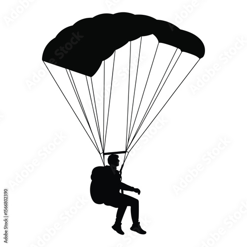Silhouette of a person skydiving with a parachute against a white background