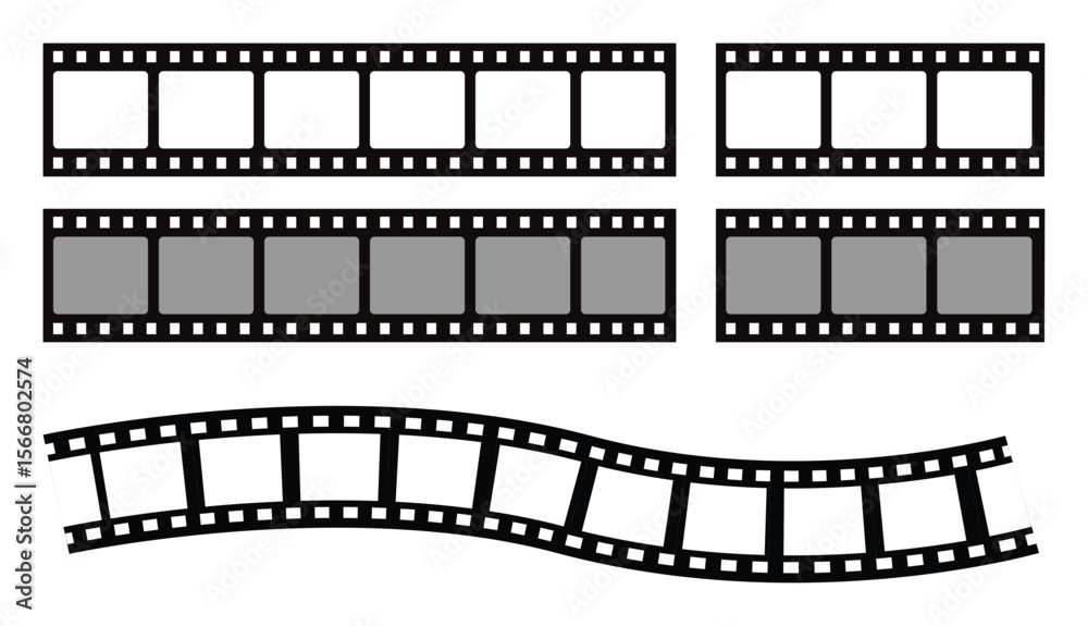 Fototapeta premium Retro Film Strip Icon Set – Vector Illustrations of Movie Tape, Cinema Reel, and Filmstrip Frames on Transparent Background.