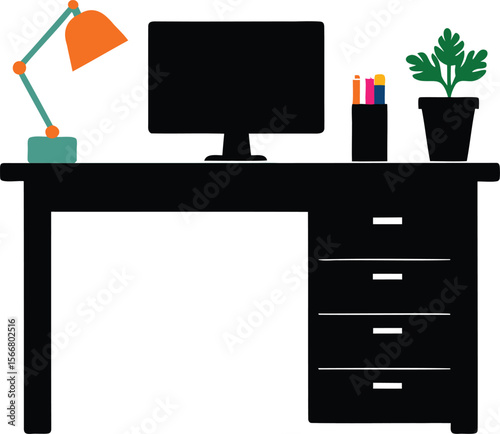Minimalist office workspace featuring a desk with lamp, monitor, and plant