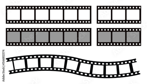 Retro Film Strip Icon Set – Vector Illustrations of Movie Tape, Cinema Reel, and Filmstrip Frames on Transparent Background.