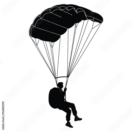 Silhouette of a skydiver descending with a parachute against a white background