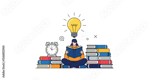 Student focused on learning amidst growing piles of books under a brightly lit idea bulb demonstrating concentration and knowledge acquisition