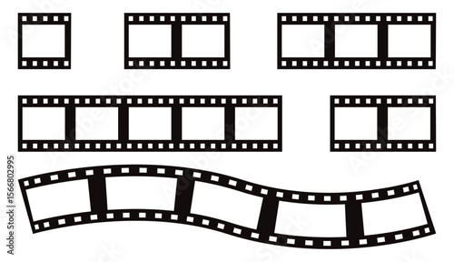 Retro Film Strip Icon Set – Vector Illustrations of Movie Tape, Cinema Reel, and Filmstrip Frames on Transparent Background.