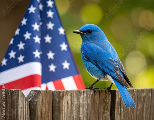 Vibrant blue bird perches near an American flag on a wooden fence