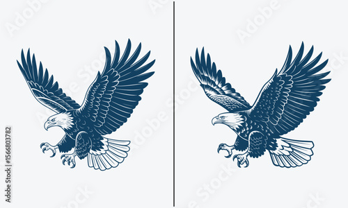 Blue Tone Eagle Illustration Pair Featuring Eagles in Flight with Spread Wings and Extended Claws