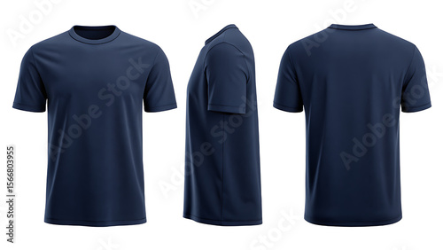 A navy blue crew neck tshirt is shown from the front, back, and side, isolated on white background apparel mockup, garment visualisation, t shirt template, clothing presentation, fashion mockup
