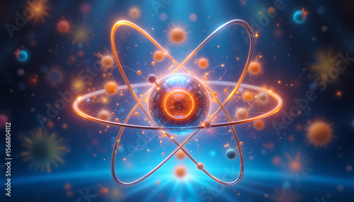 Luminous Atom Model with Orbiting Particles on Blue Background