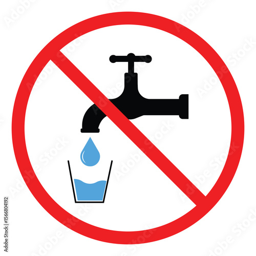 No Drinking Water Icon – Red Prohibition Sign with Faucet and Glass – Flat Vector Illustration.