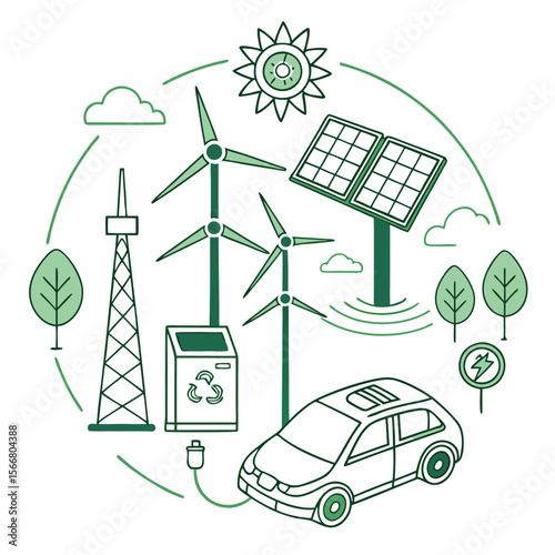 Illustration of a green energy ecosystem with solar panels wind turbines and electric car charging