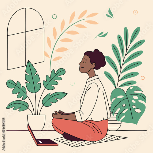Woman meditating indoors surrounded by plants with a laptop nearby in a peaceful and serene setting