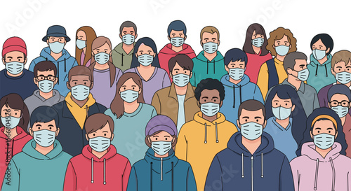 A diverse crowd of people wearing face masks together understanding public health measures during a health crisis