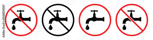 No Drinking Water Icon – Red Prohibition Sign with Faucet and Glass – Flat Vector Illustration.