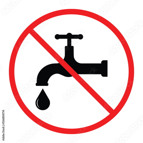 No Drinking Water Icon – Red Prohibition Sign with Faucet and Glass – Flat Vector Illustration.