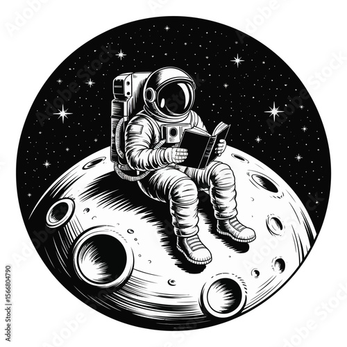 Astronaut reading a book while sitting on the moon surrounded by stars