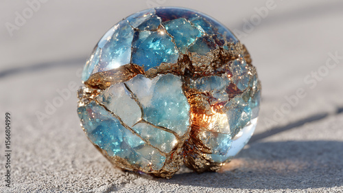 Close-up of cracked glass marble on concrete surface