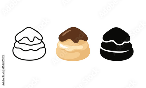Triple design art of cream puffs: outline, flat, and silhouette styles