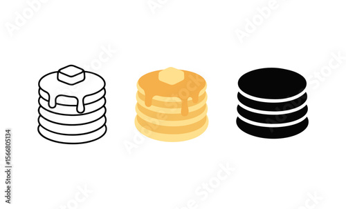 Three stack pancake icon set with butter and syrup in minimalist style