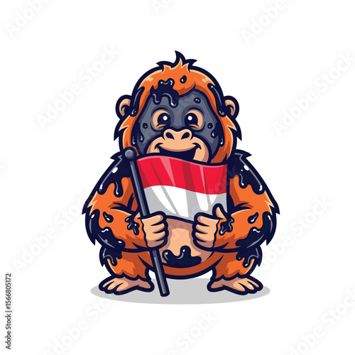 Resilient & Adorable Orangutan: A Striking Icon Holding the Indonesian Flag, Symbolizing the Fight Against Black Oil Pollution!