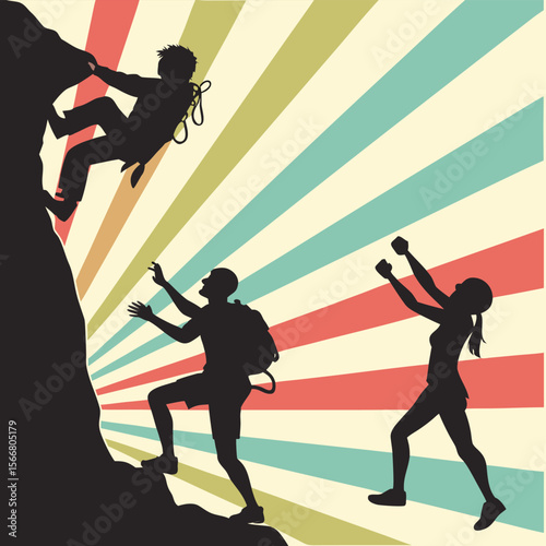 Silhouetted climbers on rock face with retro sunburst background in shades of red green and blue