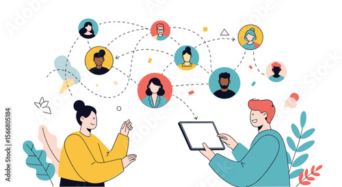 Connecting people across distances visualizing a network of communication and collaboration between diverse individuals through digital technology