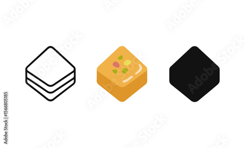 Minimalistic layered pastry icons: outline, colored, solid versions for modern design