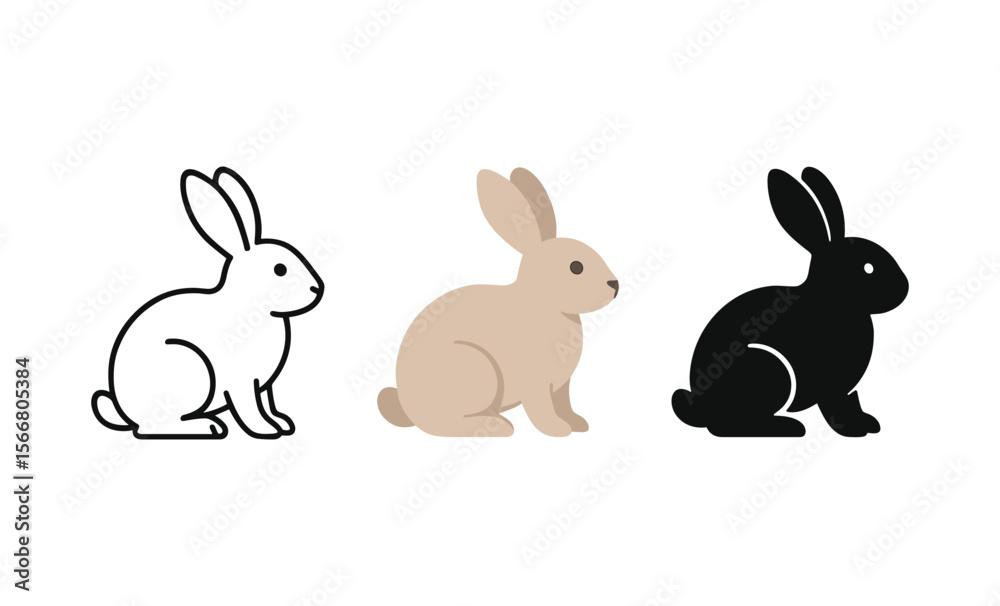 Fototapeta premium Minimalist rabbit designs in monochrome and neutral tones: black, white, and beige bunnies