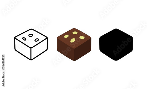 Contemporary dice illustration set: outline, detailed, and silhouette versions