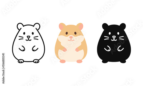 Cute hamster trio illustration: outline, colored, and silhouette variations