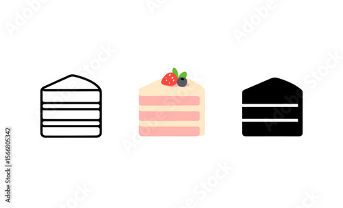 Three cake slice icons: outline, colored with berries, solid black