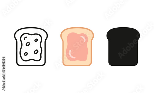 Three bread icons illustrating plain, jam, and toasted variants in minimalistic style