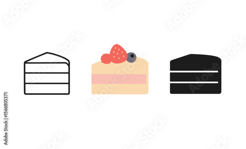 Minimalist cake icons with fruit-topped slice in colorful centerpiece