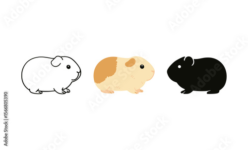 Cute guinea pig trio: outline, colorful, silhouette cartoon illustrations