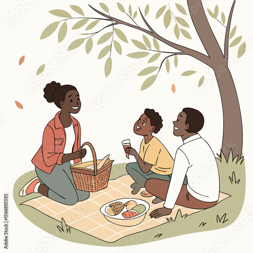 Family enjoying a picnic under a tree with a basket of food and a checkered blanket in the park scene