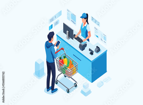Isometric Illustration of Grocery Shopping and Checkout Process