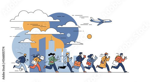 Busy urban commuters rush to catch their flights with excitement for new adventures ahead in the city