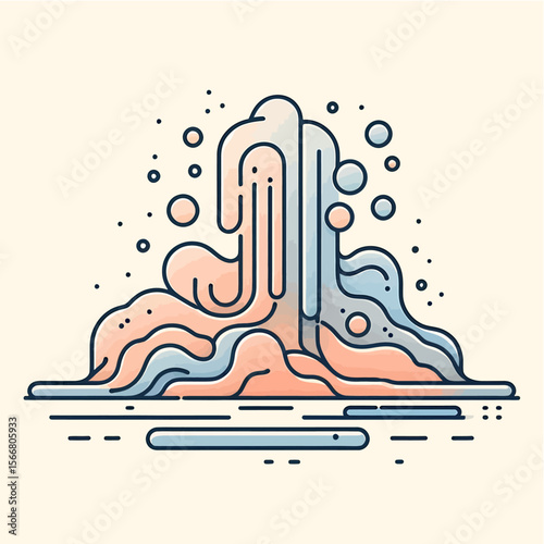 An abstract, minimalist illustration depicting a geyser or water fountain erupting with flowing liquid and scattered droplets.