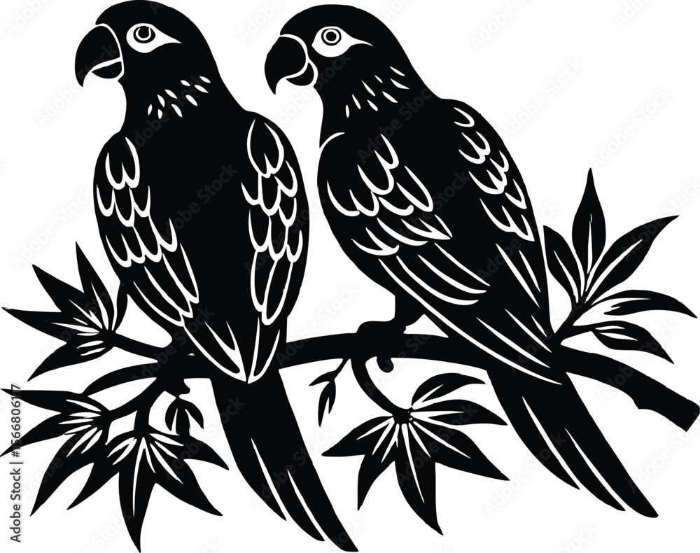 Naklejka premium Parrot 2 Birds on Branch Vector Art