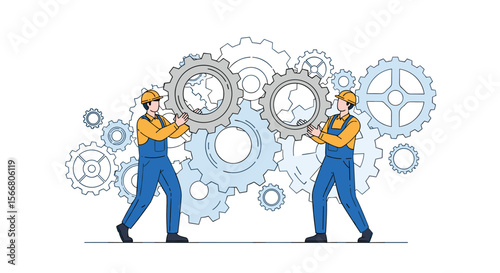 Two builders cooperating together fitting together interlocking gears mechanism concept for teamwork and collaboration
