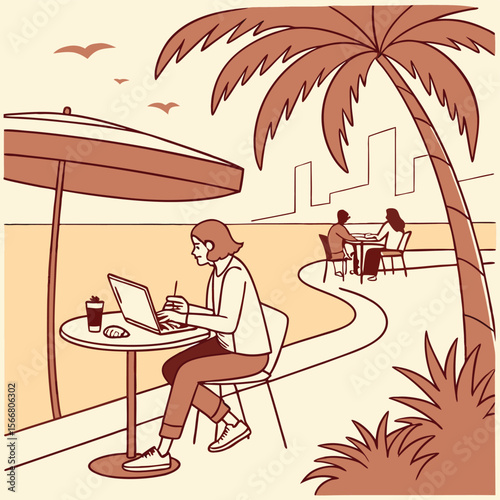 Woman working on laptop at outdoor cafe with palm tree and couple in the background on a sunny day