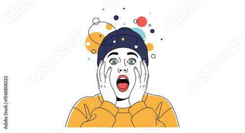 Surprised person reacting to unexpected news with colorful shapes floating above their head