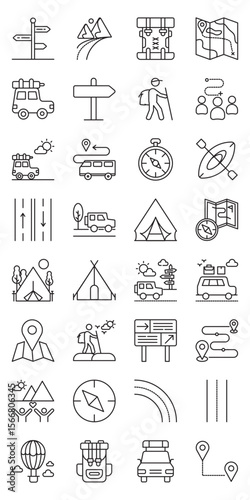Adventure Road Journey set of web icons in line style. adventure road trip, road journey, scenic drive, travel by car and off-road travel. Vector illustration