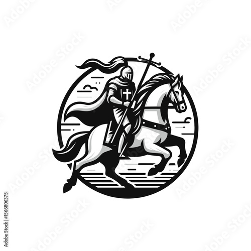 Medieval Armored Warrior on Horse with Sword Vector Illustration