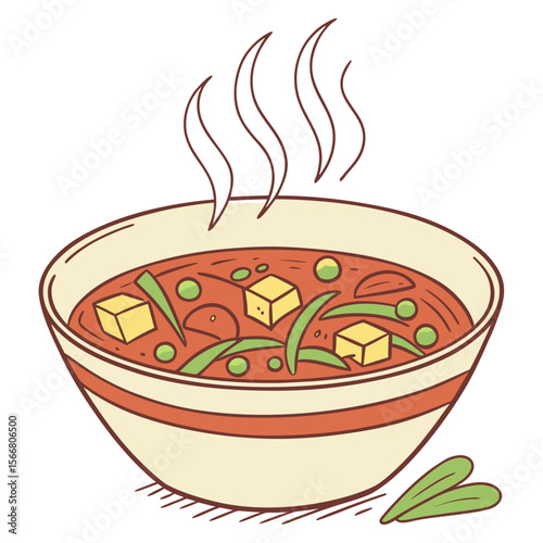 Bowl of hot soup with vegetables isolated on white background