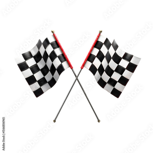 Two crossed checkered racing flags with red poles isolated on transparent background