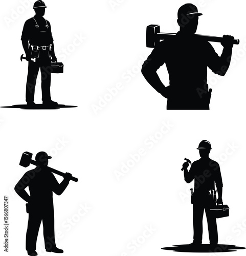 Silhouettes of Construction Workers with Tools and Equipment, vector, illustration, line art.