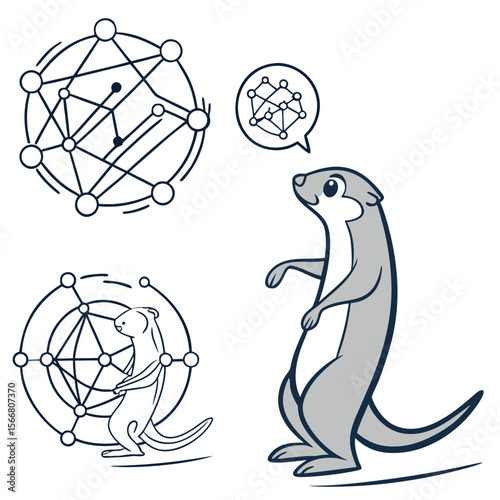 Cartoon illustration of otters with geometric network diagrams and thought bubble on a white background